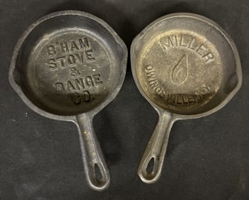 Two Small Cast Iron Pans: B'ham Stove & Range Co. and Miller Owingsville, KY