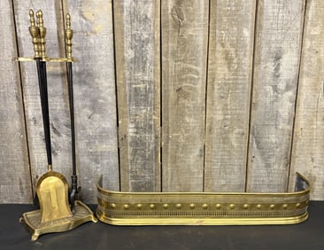 Antique Traditional Brass Fireplace Fender and Tool Set