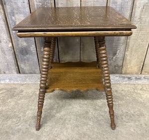 1940s Tiger Oak Parlor Table Two-Tier Square Quarter Sawn Bobbin Legs