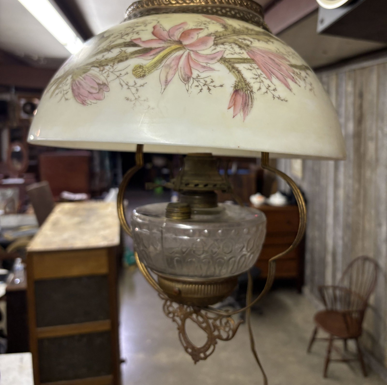 Antique Converted Hand Painted Hanging Oil Lamp 13"X18": Antique Converted Hand Painted Hanging Oil Lamp 13"X18"