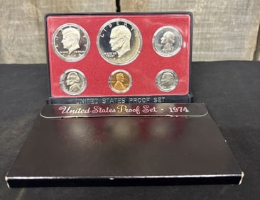 1974 United States Proof Set Containing Lincoln Cent, Jefferson Nickel, Roosevelt Dime, Washington