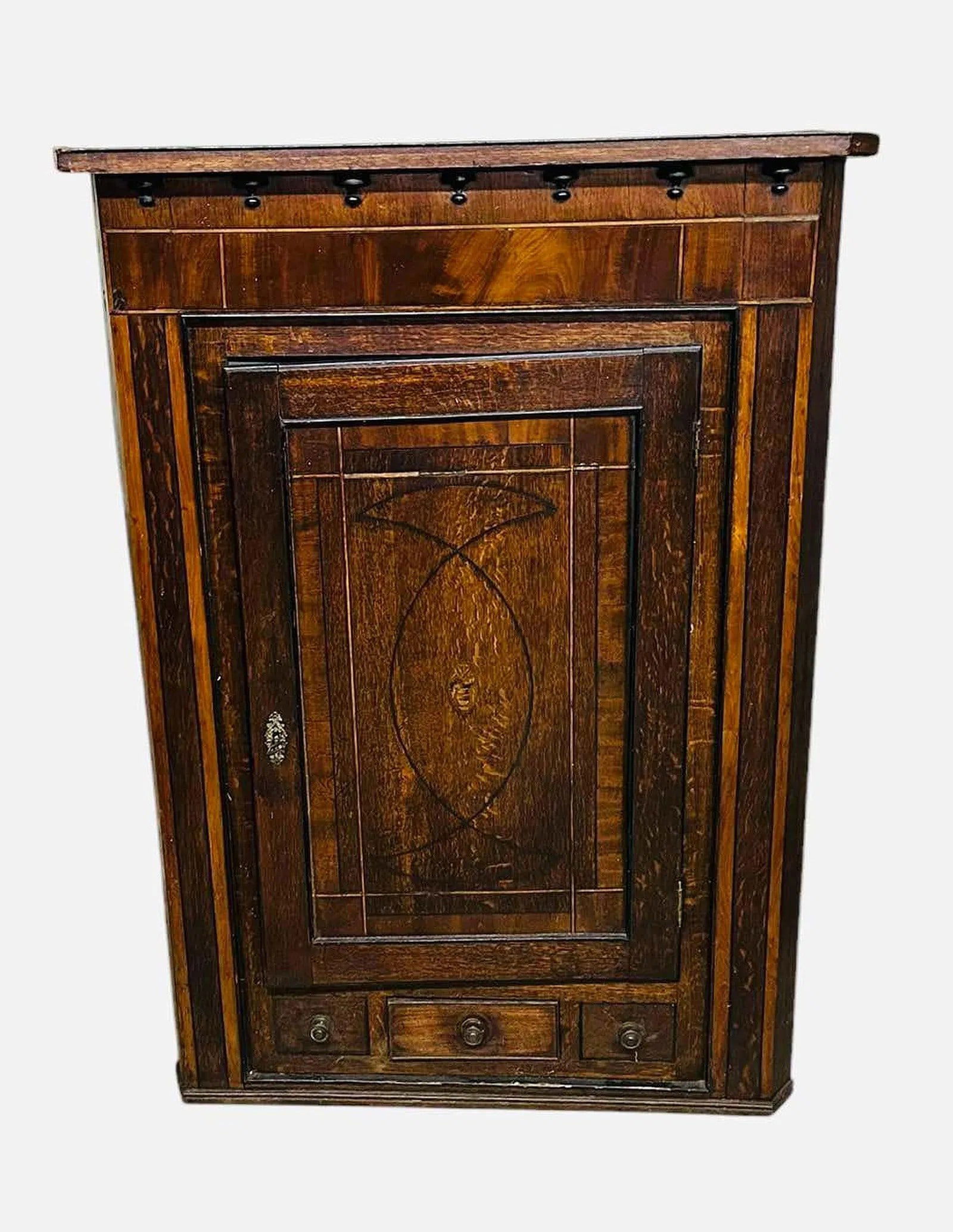 Early Inlaid Hanging Corner Cupboard With Blind Door Over 3 Drawers 18"X36"X50" (1 of 4)