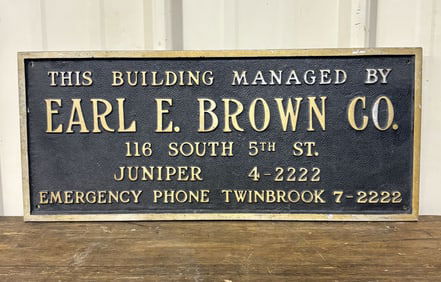 Heavy Metal - Brass Earl E Brown Co. Building Plaque 18"X8"