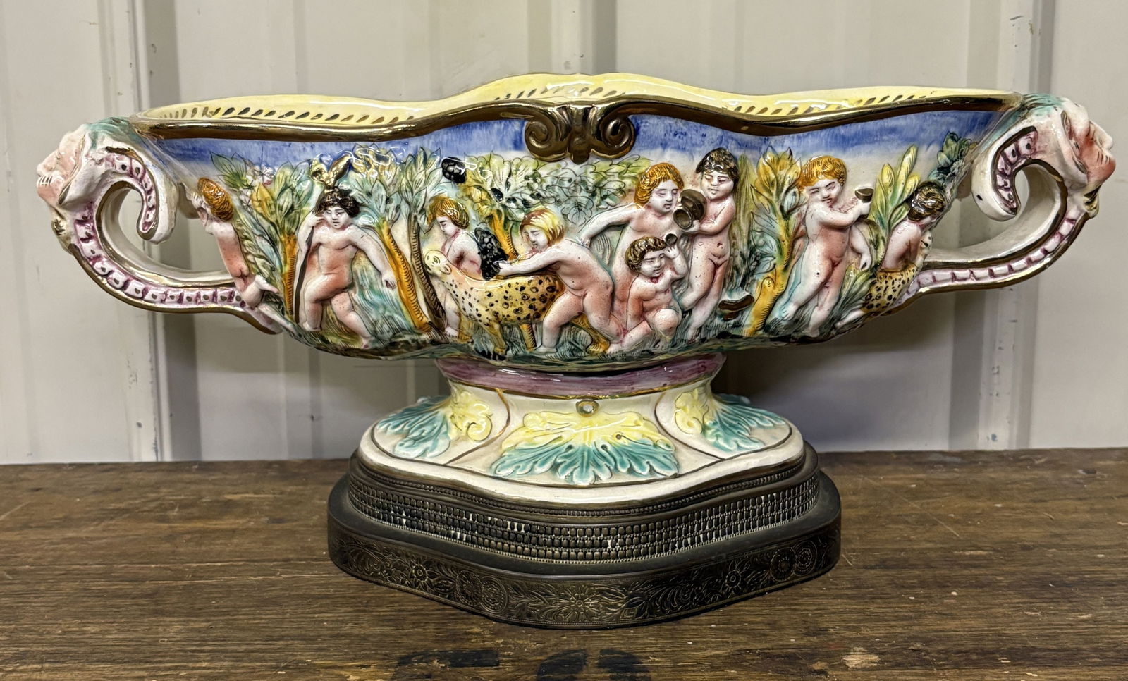 Vintage Italian Capodimonte Style Porcelain Highly Decorated-Cherub Themed Centerpiece Bowl: Vintage Italian Capodimonte Style Porcelain Highly Decorated-Cherub Themed Centerpiece Bowl 9"X18"X8"
