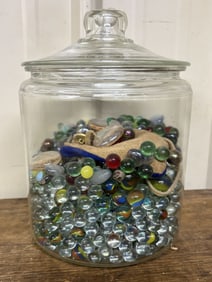 Large Country Store Counter Jar With Marbles 7"X7"X10"