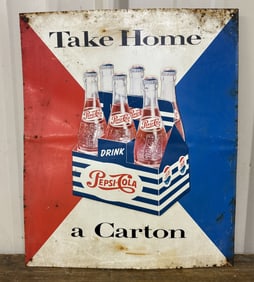 Drink Pepsi-Cola "Take Home A Carton" Early Embossed Metal Advertising Sign 12"X14"