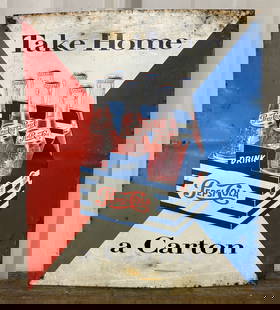 Drink Pepsi-Cola "Take Home A Carton" Early Embossed Metal Advertising Sign 12"X14": Drink Pepsi-Cola "Take Home A Carton" Early Embossed Metal Advertising Sign 12"X14"