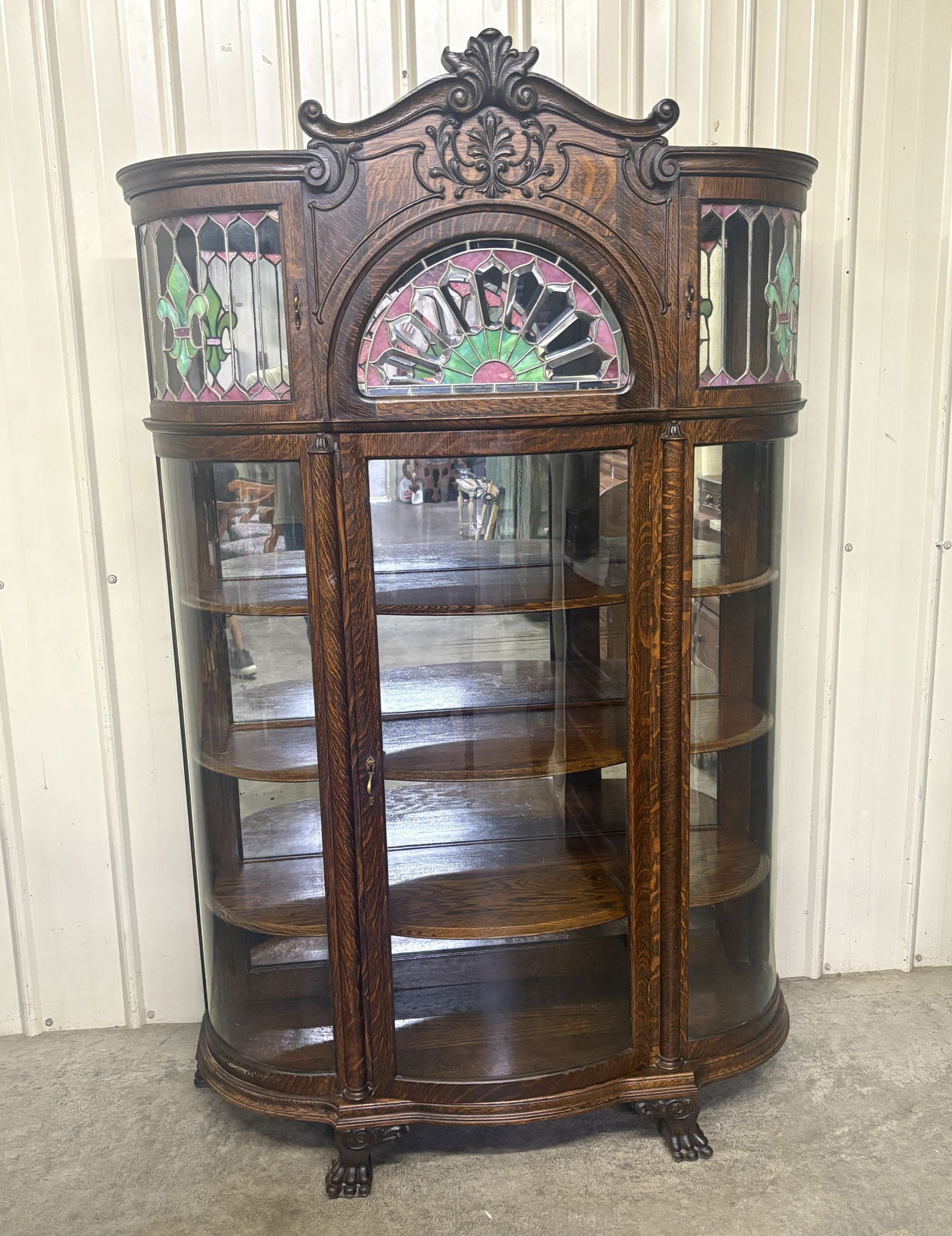Rare Excellent Antique Ornate Carved Curio Cabinet With Stained Glass - Fleur De Lis Decoration; (1 of 10)