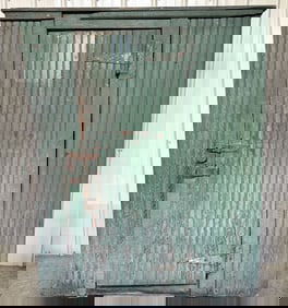 Large Square Nail Primitive Painted Wooden Storage Cabinet With Early Padlock; Measuring 23"X58"X77"