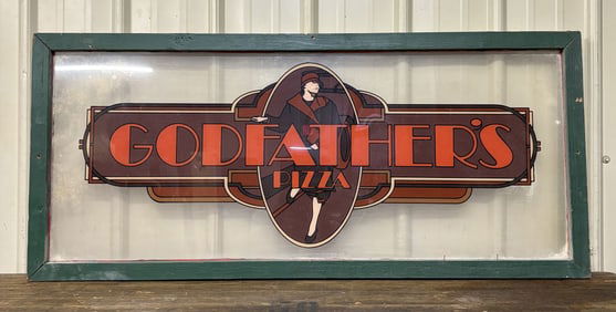 Godfather's Pizza Glass Sign In Wooden Frame 50"X23"