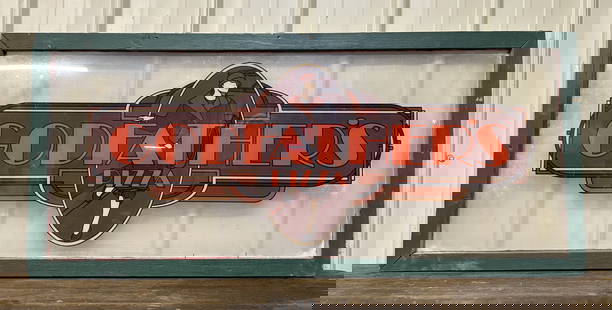 Godfather's Pizza Glass Sign In Wooden Frame 50"X23": Godfather's Pizza Glass Sign In Wooden Frame 50"X23"