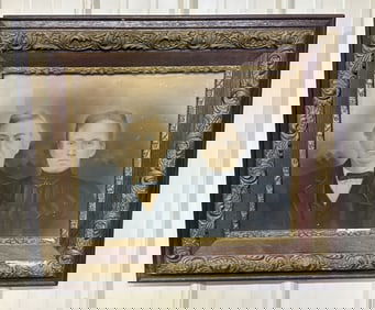 Antique Hand Drawn Portrait Of Couple In Antique Wooden Decorated Frame 29"X26"