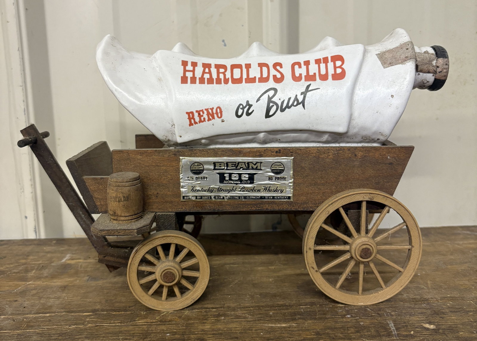 Harold's Club - Reno Or Bust - Beam Stagecoach Decanter 5"X13"X7": Harold's Club - Reno Or Bust - Beam Stagecoach Decanter 5"X13"X7"