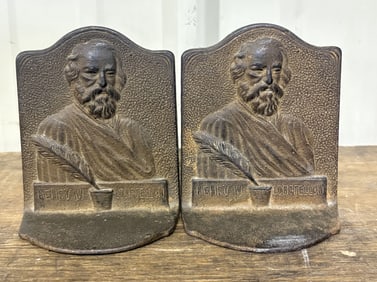 Pair Of Vintage Cast Iron Bookends Depicting Henry Wadsworth Longfellow, American Poet - Educator