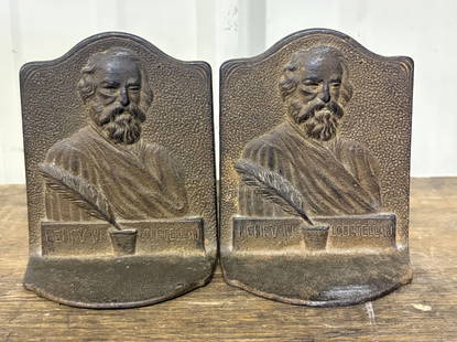 Pair Of Vintage Cast Iron Bookends Depicting Henry Wadsworth Longfellow, American Poet - Educator: Pair Of Vintage Cast Iron Bookends Depicting Henry Wadsworth Longfellow, American Poet - Educator 2"X4"X4"
