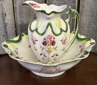 Antique Floral Decorated Water Pitcher - Bowl 17"X19"X18"