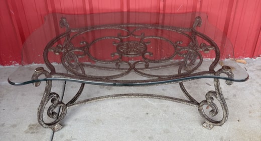 Heavy Wrought Iron and Glass Coffee Table 40"X51"X21"
