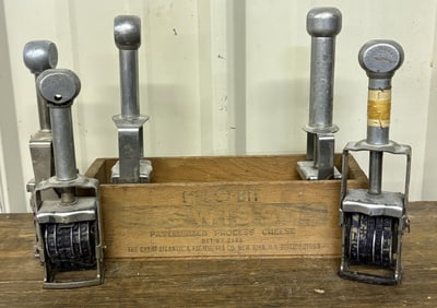 Manual Price Marker Stamps in Vintage Cheese Crate 3"X9"X3"