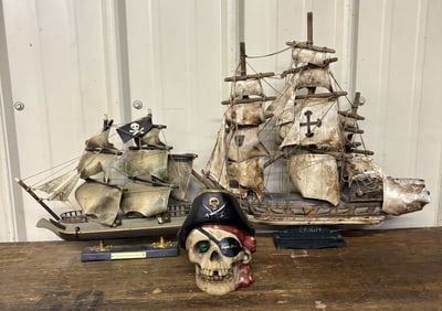 Aargh! Pair Of Model Pirate Ships ("The Most Blessed Trinity" & "Orion" and Pirate Skull Bank