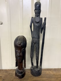 Vintage African Tribal Hand Carved Ebony Wood Kenyan Man Statue Minimalist Elongated, Ebony African