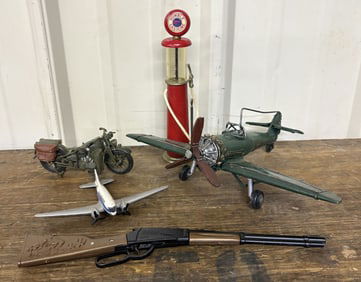Collection of Model Toys, Airplanes (8"X10"X4"), Gas Pump, Rifle, Motorcycle