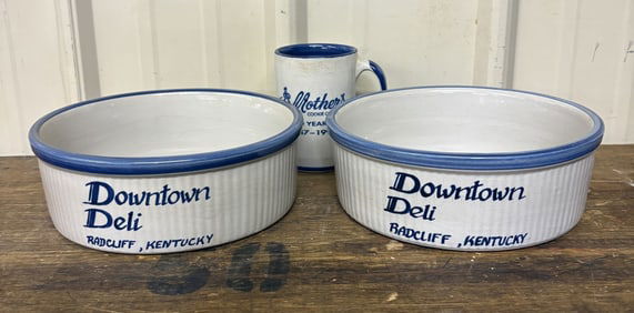 Louisville Stoneware Blue Splatterware Bowl Dishes and Coffee Mug, Downtown Deli, Radcliff Kentucky