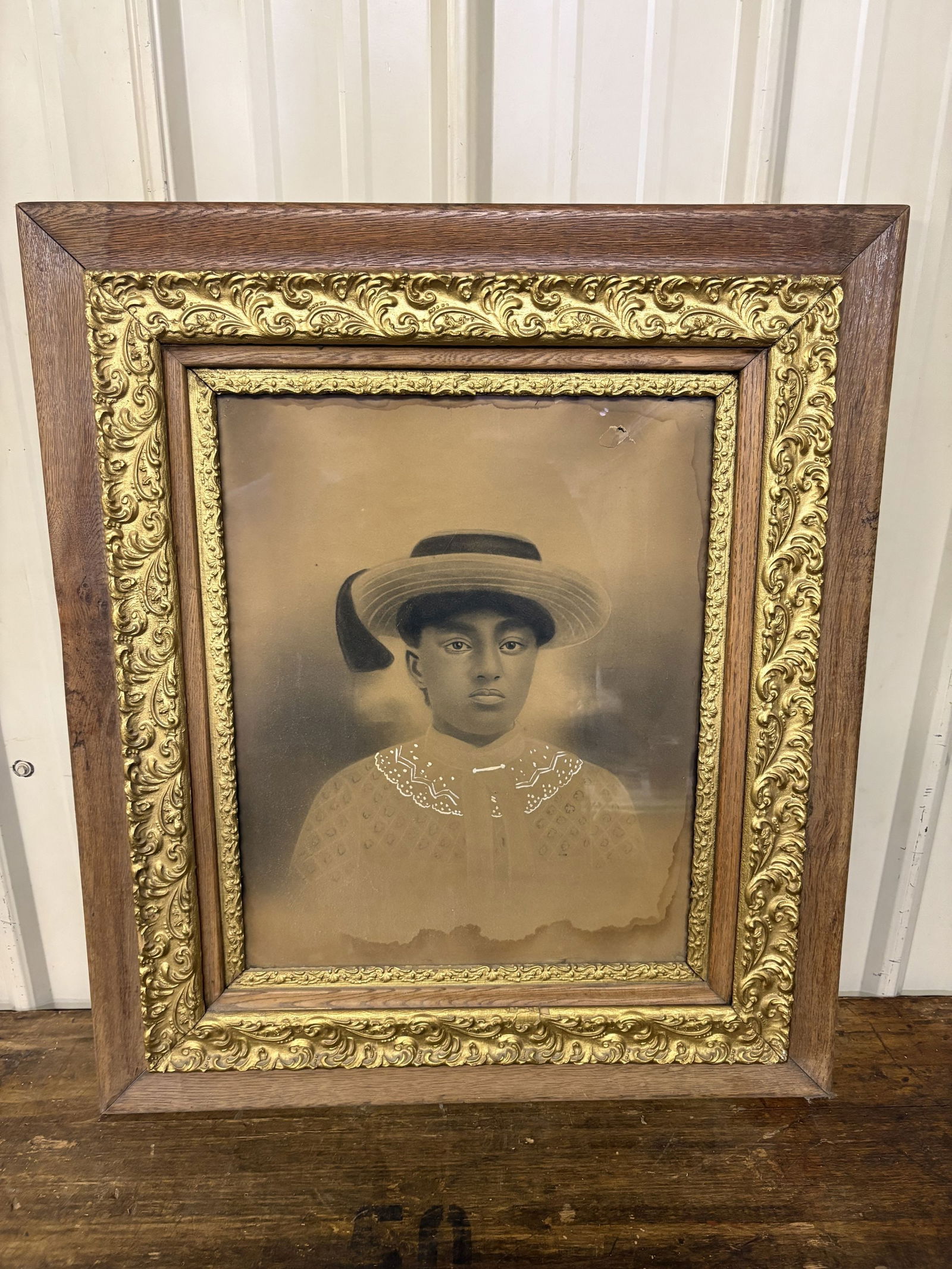 Framed Antique Portrait of African American Woman In Antique Frame With Gold Accents 27"X31": Framed Antique Portrait of African American Woman In Antique Frame With Gold Accents 27"X31"