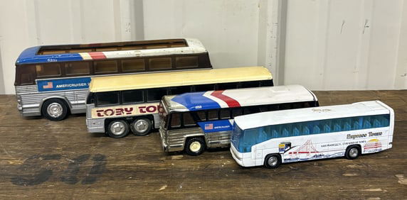 Four (4) Vintage Greyhound - Toby Tours Buses 3"X10"X4"