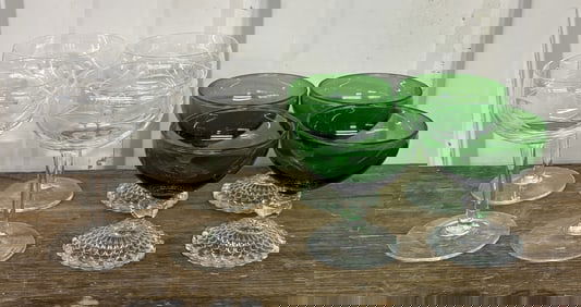 Two Sets Of Four (4) Vintage Clear - Emerald Glasses 3"X3"X6"