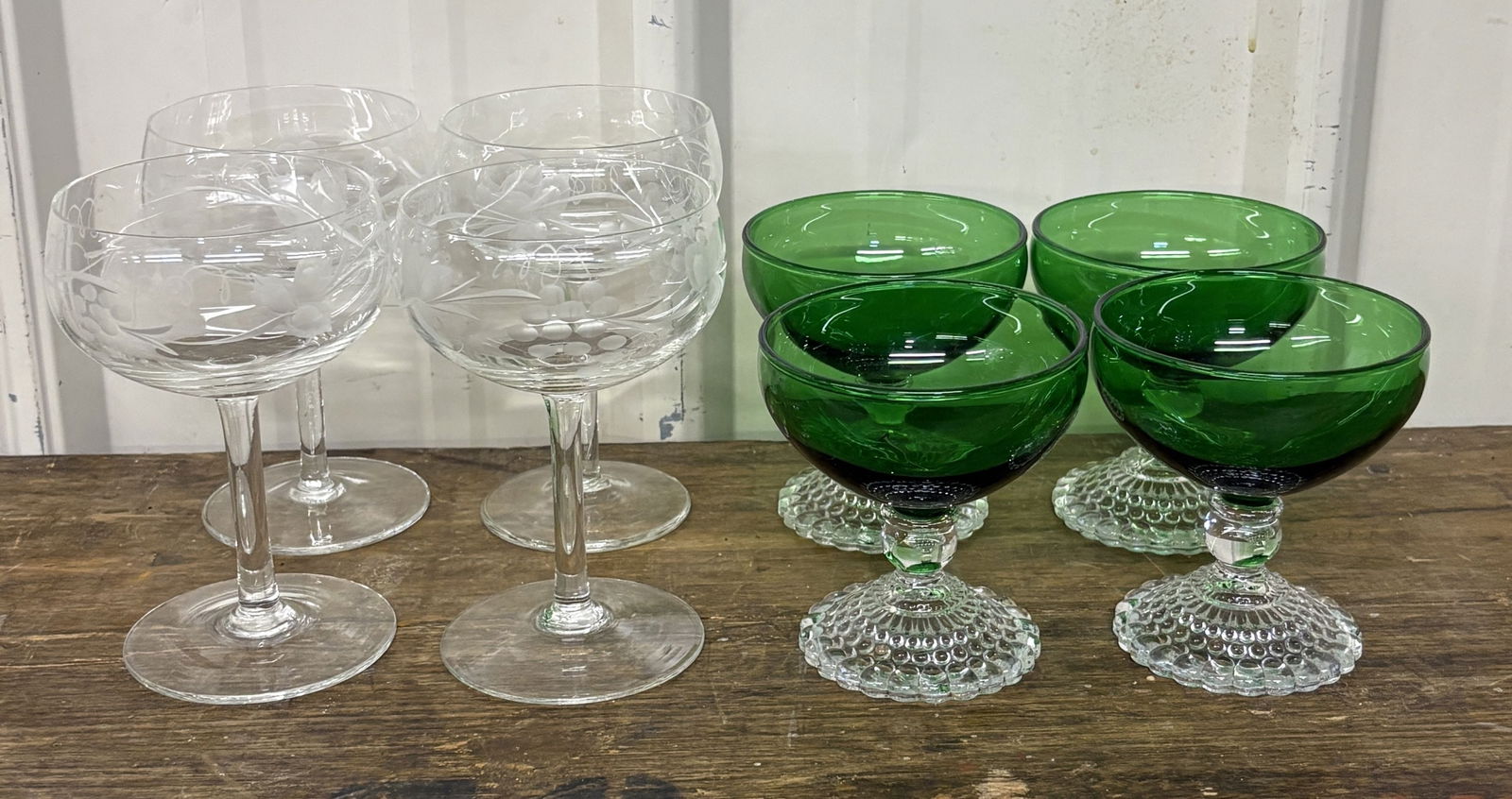 Two Sets Of Four (4) Vintage Clear - Emerald Glasses 3"X3"X6": Two Sets Of Four (4) Vintage Clear - Emerald Glasses 3"X3"X6"