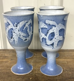 Set of Four (4) Stoneware Goblets, Handmade by Alewine 3"X3"X7"