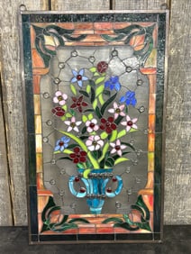 Tiffany-style Stained Glass Window Panel Featuring a Vibrant Floral Arrangement in Vase 20"X35"
