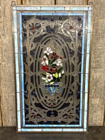 Art Nouveau Style Stained Glass Window Florals in Double Handled Vase 20"X35"