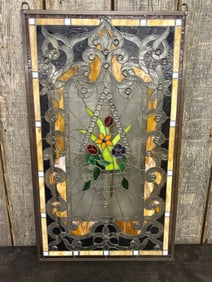 Art Nouveau Style Stained Glass Window Florals in Basket Motif 20"X35"