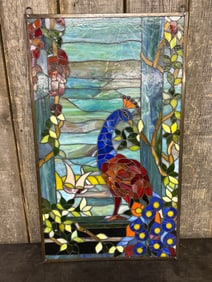 Victorian Style Leaded Glass Window of Peacock - 35"T / 20"WVictorian Style Leaded Glass Window of P