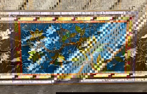 Art Nouveau Style Stained Glass Window With Flowers And Block Border 20.5"X35.75": Art Nouveau Style Stained Glass Window With Flowers And Block Border 20.5"X35.75"