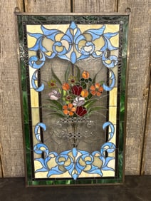 Art Nouveau Style Stained Glass Window Florals in Double Handled Vase 20"X35"