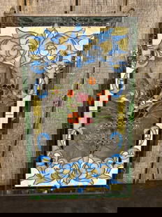 Art Nouveau Style Stained Glass Window Florals in Double Handled Vase 20"X35": Art Nouveau Style Stained Glass Window Florals in Double Handled Vase 20"X35"