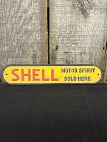 Cast Iron Shell Motor Spirit Sold Here Sign 14"X3"