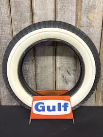 Vintage Metal Gulf Tire Shop Display With White Walled Firestone Tire 6"X28"X31"
