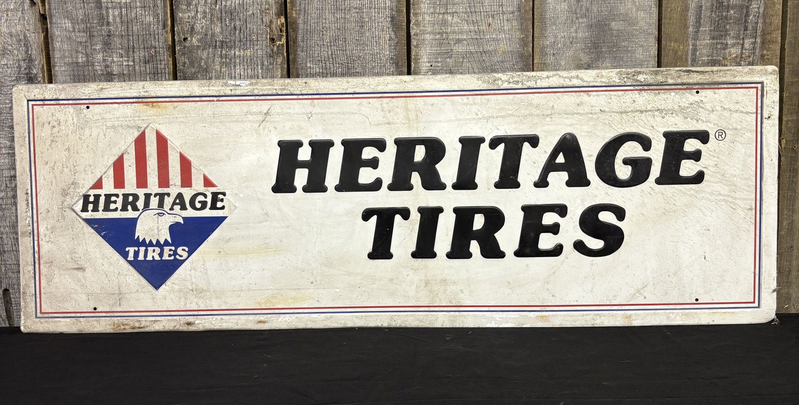 Vintage Metal Heritage Tires Embossed Sign 48"X16": Vintage Metal Heritage Tires Embossed Sign 48"X16"
