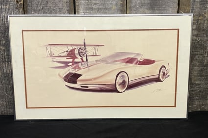Signed Illustration Featuring Buick Questor And Biplane "S. Peterson" 28"X17"
