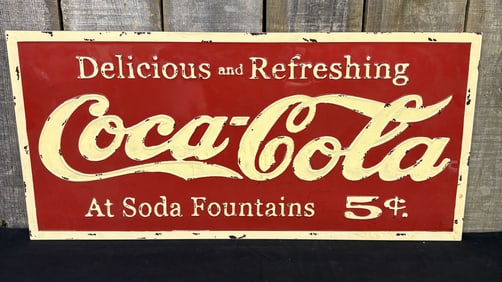 Metal Embossed Coca-Cola At Soda Fountains Sign 36"X17"