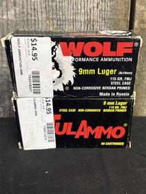 Full Boxes of 9mm Luger - Wolf and Tulammo App. 2.5"X5"