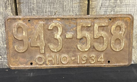1934 Ohio License Plate App. 6"X12"