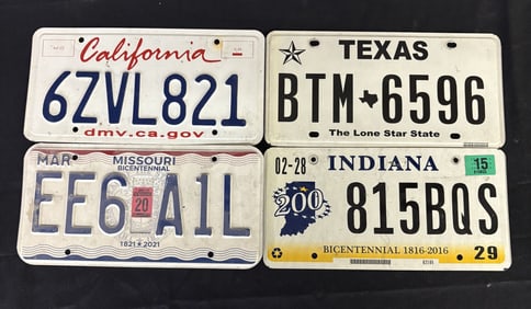 4 Modern License Plates - CA, TX, MO, IN App. 6"X12"