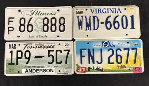 4 Modern License Plates - Il, VA, TN, OH App. 6"X12"