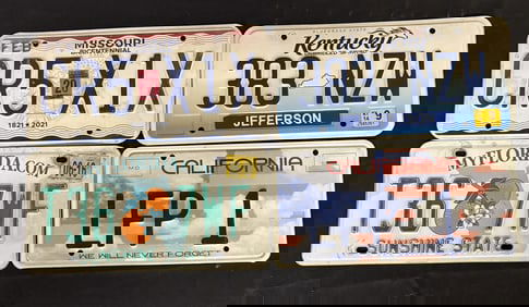 4 Modern License Plates -MO, KY, FL, CA App. 6"X12"