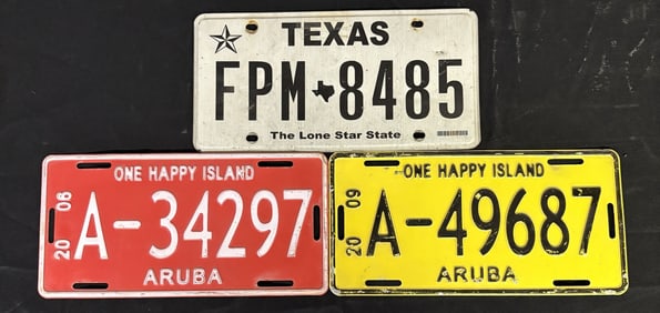 3 Modern License Plates - TX, Aruba, Aruba App. 6"X12"