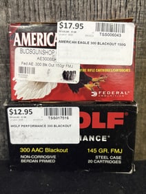 2 Full Boxes of .300 Blackout Cartridges - American Eagle & Wolf App. 2.5"X5"